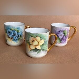 1920s-1930s C. Durflinger Hand-Painted Floral Porcelain Cups Gold Handles